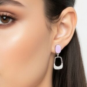 Lavender Enamel Geometric Rhinestone Drop Earrings